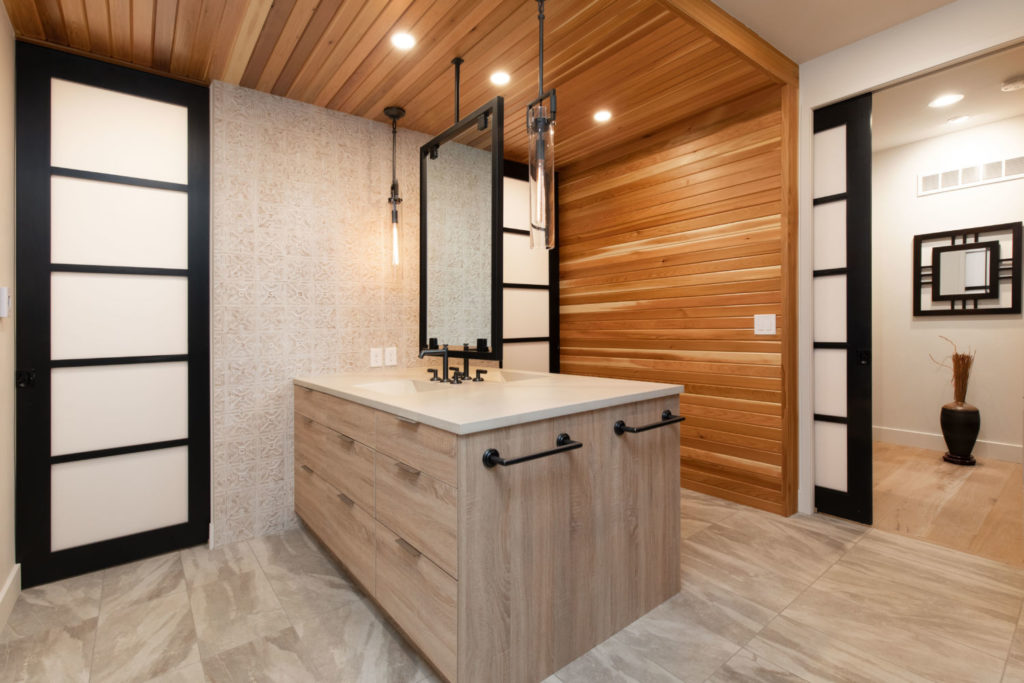 zen master bathroom remodel double sink floating mirror