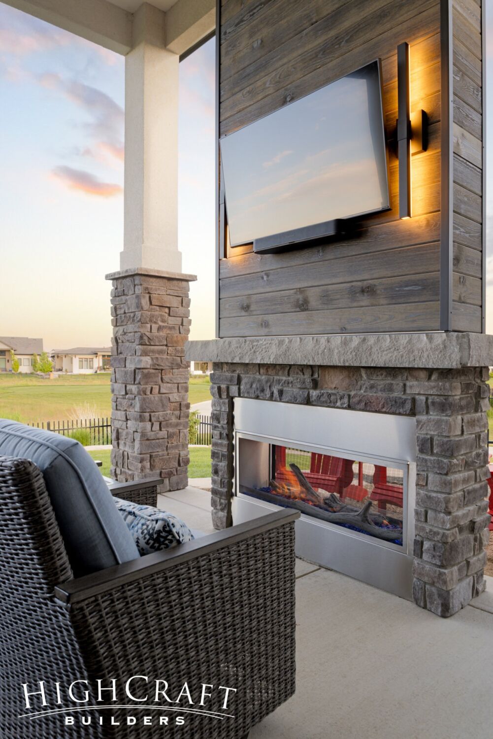 Berthoud remodel outdoor fireplace backlit TV