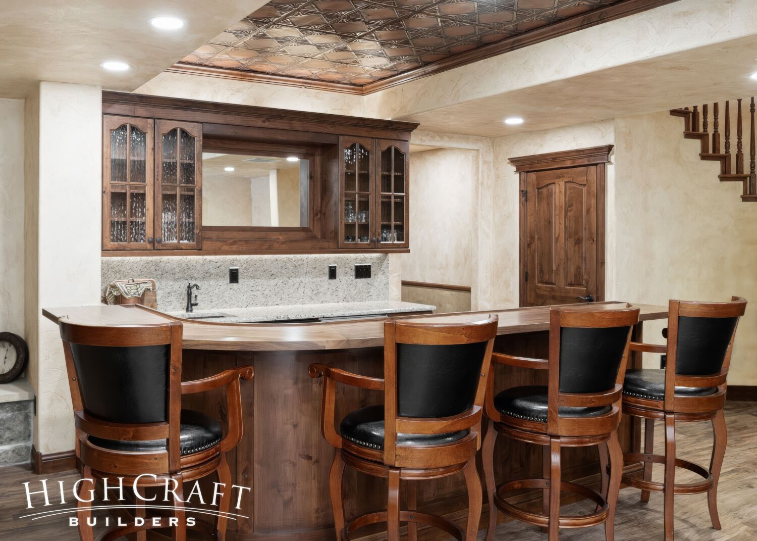 basement-remodel-wet-bar-textured-walls-tin-tile-recessed-ceiling